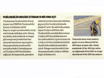 YENİLENEBİLİR ENERJİDE İSTİHDAM 10 MİLYONU AŞTI (DÜNYA)