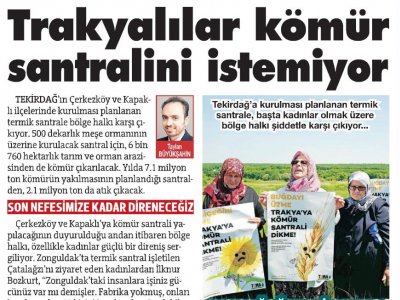 TRAKYALILAR KÖMÜR SANTRALİNİ İSTEMİYOR (SÖZCÜ)