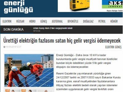 ÜRETTİĞİ ELEKTRİĞİN FAZLASINI SATAN HİÇ GELİR VERGİSİ ÖDEMEYECEK (ENERJİGUNLUGU.NET)