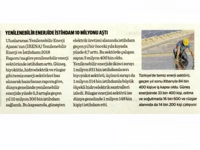 YENİLENEBİLİR ENERJİDE İSTİHDAM 10 MİLYONU AŞTI (DÜNYA)