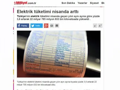 ELEKTRİK TÜKETİMİ NİSANDA ARTTI (MİLLİYET)