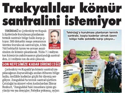 TRAKYALILAR KÖMÜR SANTRALİNİ İSTEMİYOR (SÖZCÜ)