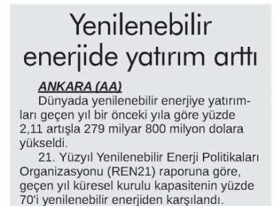 YENİLENEBİLİR ENERJİDE YATIRIM ARTTI (24 SAAT)