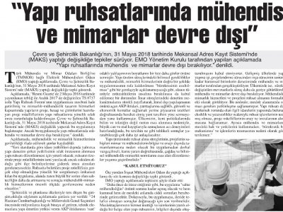 `YAPI RUHSATLARINDA MÜHENDİS VE MİMARLAR DEVRE DIŞI` (BAŞKENT GAZETESİ)