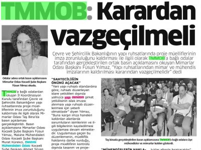 BİZİM YAKA:TMMOB: KARARDAN VAZGEÇİLMELİ