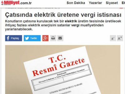 ÇATISINDA ELEKTRİK ÜRETENE VERGİ İSTİSNASI (MİLLİYET)