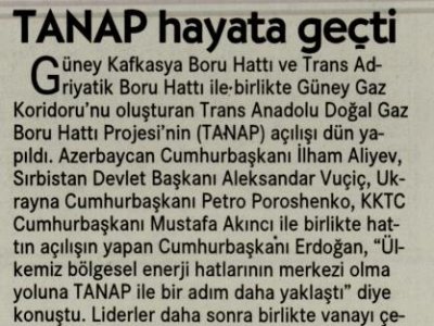 TANAP HAYATA GEÇTİ (CUMHURİYET)