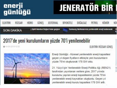 2017’DE YENİ KURULUMLARIN YÜZDE 70’İ YENİLENEBİLİR (ENERJİGUNLUGU.NET)