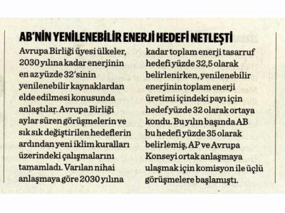 AB`NİN YENİLENEBİLİR ENERJİ HEDEFİ NETLEŞTİ (DÜNYA)