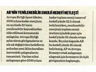 AB`NİN YENİLENEBİLİR ENERJİ HEDEFİ NETLEŞTİ (DÜNYA)