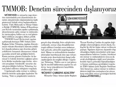 TMMOB DENETİM SÜRECİNDEN DIŞLANIYORUZ (GÜNLÜK EVRENSEL, 21.06.2018)