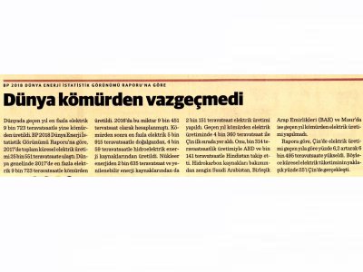 BP 2018 DÜNYA ENERJİ İSTATİSTİK GÖRÜNÜMÜ RAPORUNA GÖRE DÜNYA KÖMÜRDEN VAZGEÇMEDİ (DÜNYA)