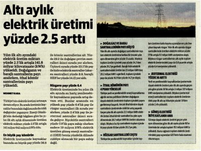 ALTI AYLIK ELEKTRİK ÜRETİMİ YÜZDE 2.5 ARTTI (DÜNYA)