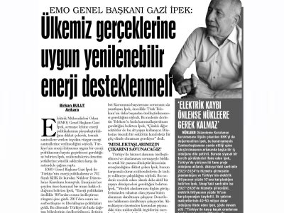 EMO GENEL BAŞKANI GAZİ İPEK:  ÜLKEMİZDE GERÇEKLERİNE UYGUN YENİLENEBİLİR ENERJİ DESTEKLENMELİ (GÜNLÜK EVRENSEL)