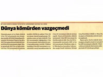 BP 2018 DÜNYA ENERJİ İSTATİSTİK GÖRÜNÜMÜ RAPORUNA GÖRE DÜNYA KÖMÜRDEN VAZGEÇMEDİ (DÜNYA)