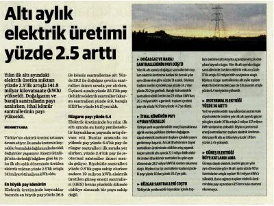ALTI AYLIK ELEKTRİK ÜRETİMİ YÜZDE 2.5 ARTTI (DÜNYA)