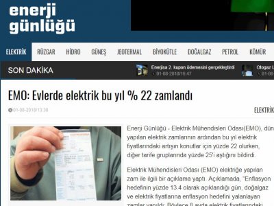 EMO: EVLERDE ELEKTRİK BU YIL % 22 ZAMLANDI (ENERJİGUNLUGU.NET)