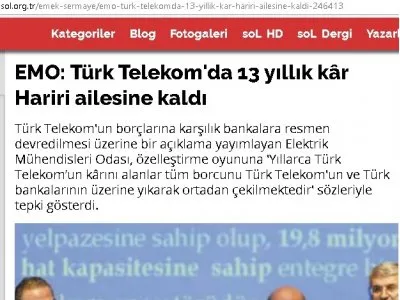 EMO: TÜRK TELEKOM`DA 13 YILLIK KâR HARİRİ AİLESİNE KALDI (HABER.SOL.ORG.TR)