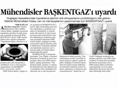 MÜHENDİSLER BAŞKENTGAZ`I UYARDI (ANAYURT GAZETESİ, 20.09.2018)