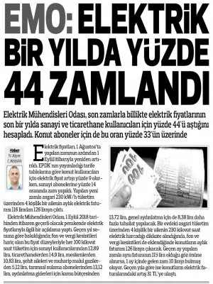 EMO: ELEKTRİK BİR YILDA YÜZDE 44 ZAMLANDI (HEDEF HALK GAZETESİ)