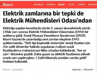 ELEKTRİK ZAMLARINA BİR TEPKİ DE ELEKTRİK MÜHENDİSLERİ ODASINDAN (SOZCU.COM.TR)