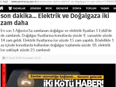 SON DAKİKA... ELEKTRİK VE DOĞALGAZA İKİ ZAM DAHA (YENİMESAJ.COM.TR)
