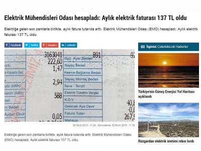 ELEKTRİK MÜHENDİSLERİ ODASI HESAPLADI: AYLIK ELEKTRİK FATURASI 137 TL OLDU (ENERJİEKONOMİSİ.COM)