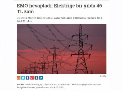 EMO HESAPLADI: ELEKTRİĞE BİR YILDA 46 TL ZAM (GAZETEDUVAR.COM.TR)