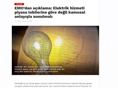 EKONOMİ EMO`DAN AÇIKLAMA: ELEKTRİK HİZMETİ PİYASA LOBİLERİNE GÖRE DEĞİL KAMUSAL ANLAYIŞLA SUNULMALI (GAZETEMANİFESTO.COM)