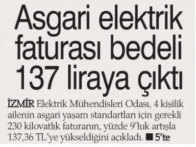 ASGARİ ELEKTRİK FATURASI BEDELİ 137 LİRAYA ÇIKTI (HABER EKSPRES)