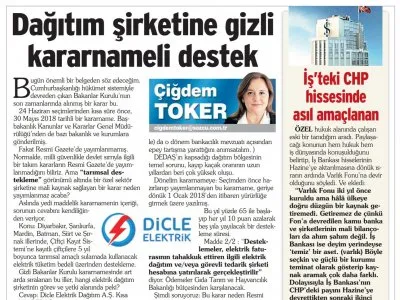 DAĞITIM ŞİRKETİNE GİZLİ KARARNAMELİ DESTEK ÇİĞDEM TOKER (WWW.SOZCU.COM.TR, 15.10.2018)