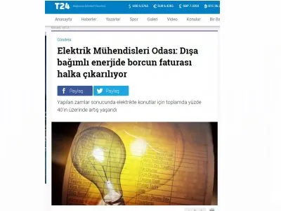 ELEKTRİK MÜHENDİSLERİ ODASI: DIŞA BAĞIMLI ENERJİDE BORCUN FATURASI HALKA ÇIKARILIYOR (T24.COM.TR)