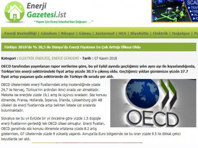 TÜRKİYE 2018DE % 30,5 İLE DÜNYADA ENERJİ FİYATININ EN ÇOK ARTTIĞI ÜLKESİ OLDU (ENERJİGAZETESİ.İST)
