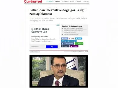 BAKAN`DAN `ELEKTRİK VE DOĞALGAZ`LA İLGİLİ ZAM AÇIKLAMASI (CUMHURİYET.COM.TR)