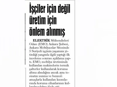 EMO: ÜRETİM İÇİN ALINAN ÖNLEM İŞÇİLER İÇİN ALINMAMIŞ (WWW.EVRENSEL.NET, 18.01.2019)