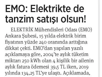 EMO: ELEKTRİKTE DE TANZİM SATIŞI OLSUN (BİRGÜN, 26.03.2019)