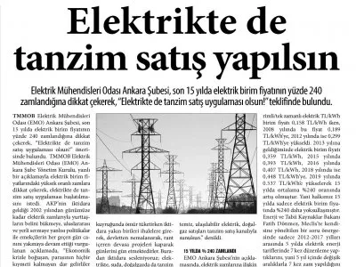 ELEKTRİKTE DE TANZİM SATIŞ YAPILSIN (YENİ ASYA, 27.03.2019)
