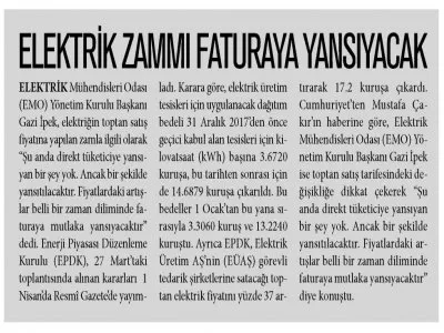 ELEKTRİK ZAMMI FATURAYA YANSIYACAK (YENİ ASYA)