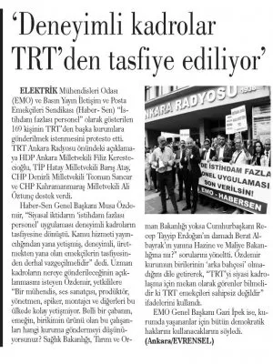 `DENEYİMLİ KADROLAR TRT`DEN TASFİYE EDİLİYOR` (GÜNLÜK EVRENSEL)