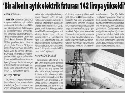 `BİR AİLENİN AYLIK ELEKTRİK FATURASI 142 LİRAYA YÜKSELDİ` (AYDINLIK)