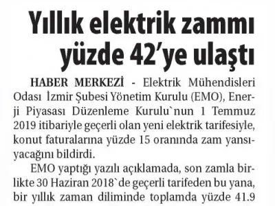YILLIK ELEKTRİK ZAMMI YÜZDE 42`YE ULAŞTI (TİCARET GAZETESİ)
