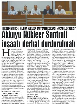 AKKUYU NÜKLEER SANTRALİ İNŞAATI DERHAL DURDURULMALI (GÜNLÜK EVRENSEL)