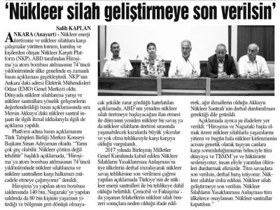 HİROŞİMA`NIN YILDÖNÜMÜNDE SİVİL TOPLUMDAN ÇAĞRI: NÜKLEER SİLAH GELİŞTİRMEYE SON VERİLSİN (ANAYURT)