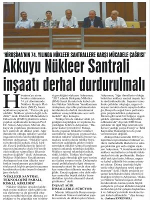 AKKUYU NÜKLEER SANTRALİ İNŞAATI DERHAL DURDURULMALI (GÜNLÜK EVRENSEL)