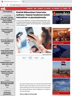 ELEKTRİK MÜHENDİSLERİ ODASI`NDAN AÇIKLAMA: YAŞANAN FİYASKONUN NEDENİ ÖZELLEŞTİRME VE PİYASALAŞTIRMADIR (SOL.ORG.TR)