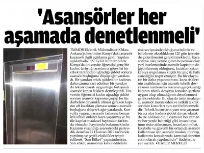 `ASANSÖRLER HER AŞAMADA DENETLENMELİ` (YENİ HABER , 05.10.2019)