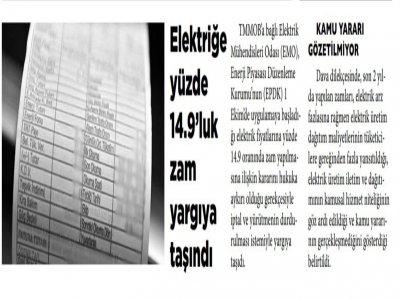 ELEKTRİĞE YÜZDE 14.9 LUK ZAM YARGIYA TAŞINDI (BİR YOL)