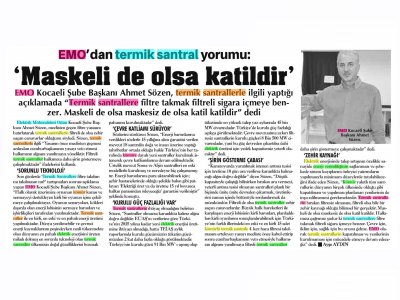 ÇAĞDAŞ  KOCAELİ : EMO`DAN TERMİK SANTRAL YORUMU: `MASKELİ DE OLSA KATİLDİR`