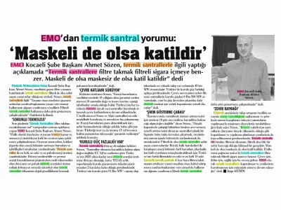 ÇAĞDAŞ  KOCAELİ : EMO`DAN TERMİK SANTRAL YORUMU: `MASKELİ DE OLSA KATİLDİR`