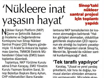 NKP SÖZCÜSÜ KARATAŞ: `NÜKLEERE İNAT, YAŞASIN HAYAT` (CUMHURİYET)